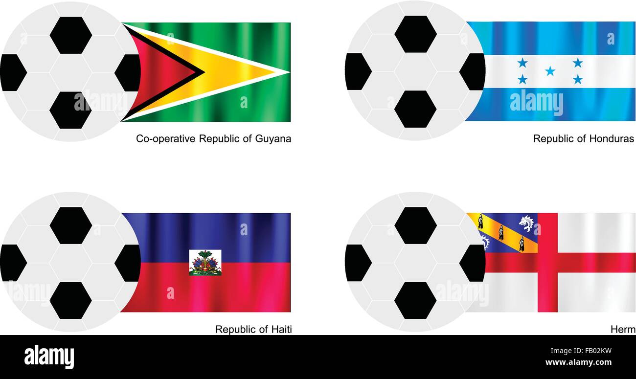 An Illustration of Soccer Balls or Footballs with Flags of Guyana, Honduras, Haiti and Herm on Isolated on A White Background. Stock Vector