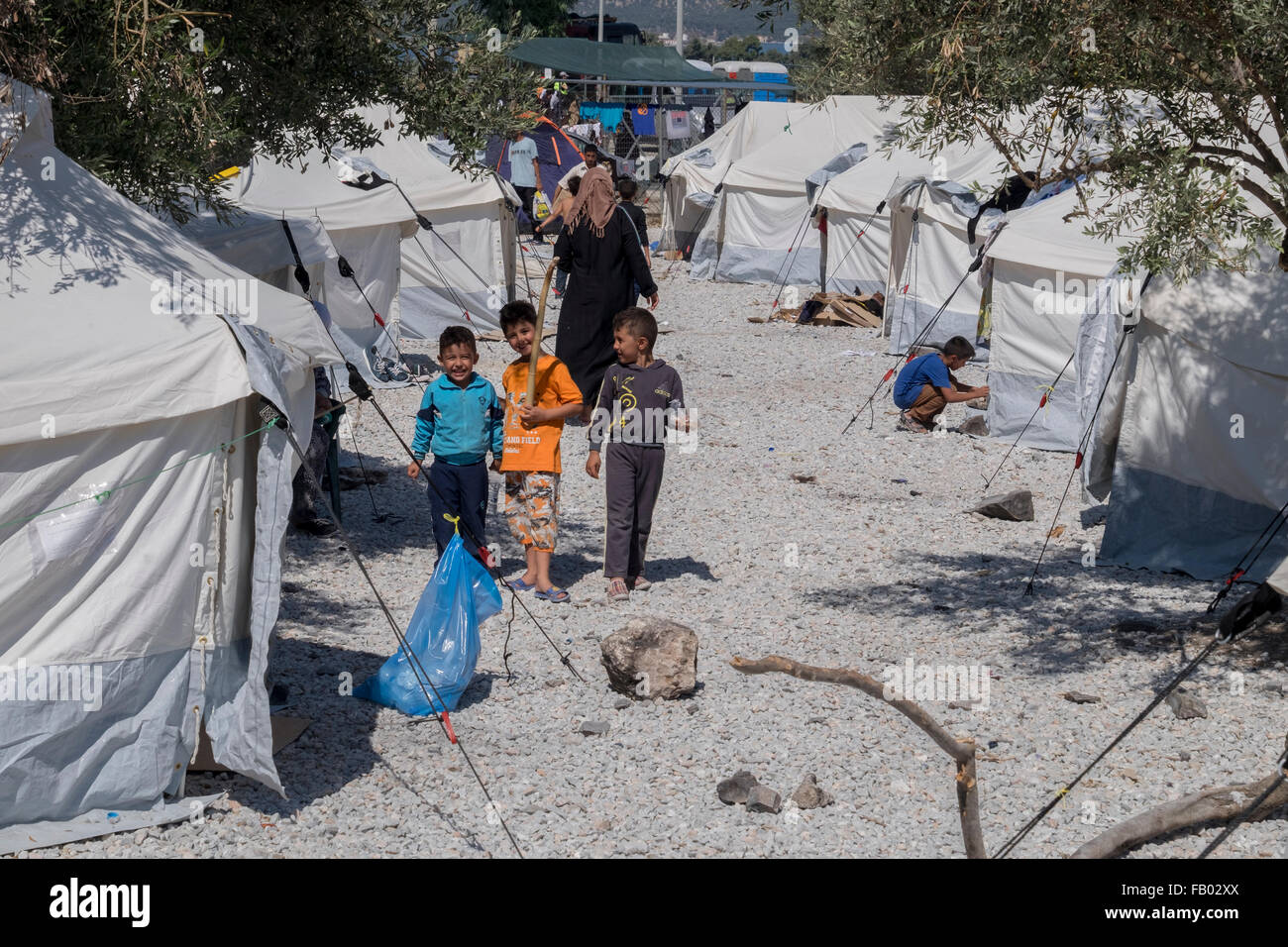 Syrian refugee children playing in the refugee camp in Kara Tepe, Mytillene, Lesvos. Stock Photo