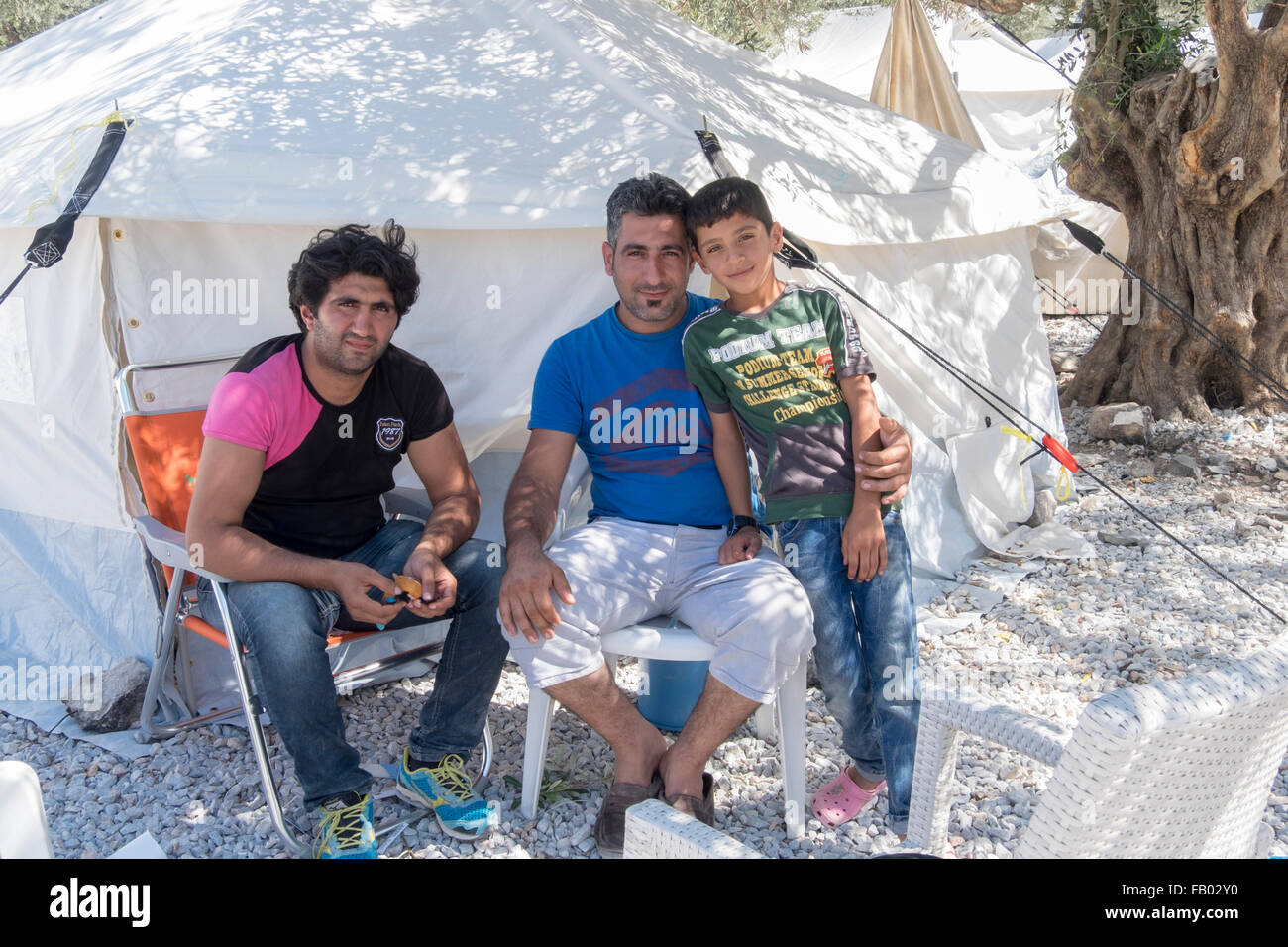 Syrian refugees find temporary shelter in the Kara Tepe refugee camp on the island of Lesvos after crossing from Turkey. Stock Photo