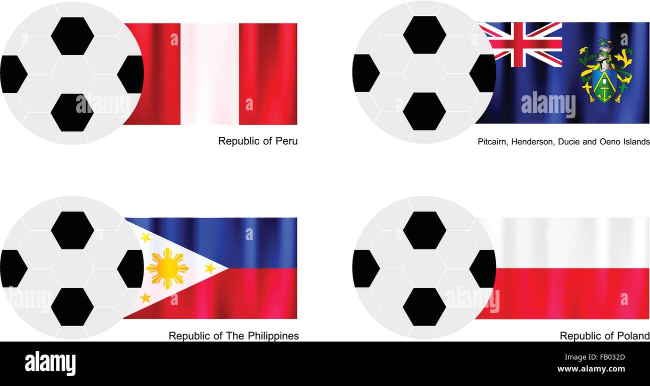 An Illustration of Soccer Balls or Footballs with Flags of Peru, Pitcairn Islands, Philippines and Poland on Isolated on A White Stock Vector