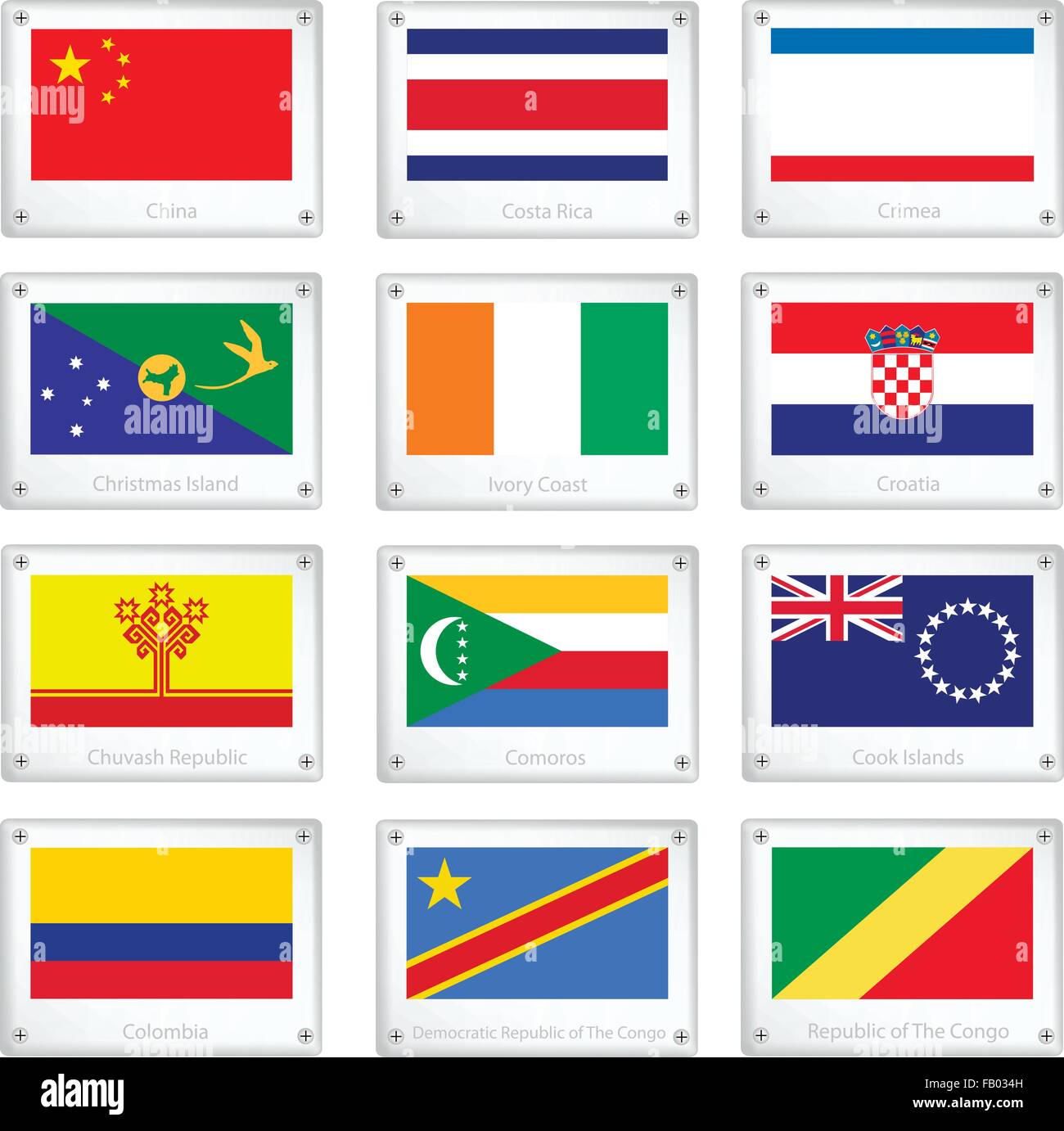 National Flags of China, Costa Rica, Crimea, Christmas Island, Ivory Coast, Croatia, Chuvash Republic, Comoros, Cook Islands, Co Stock Vector