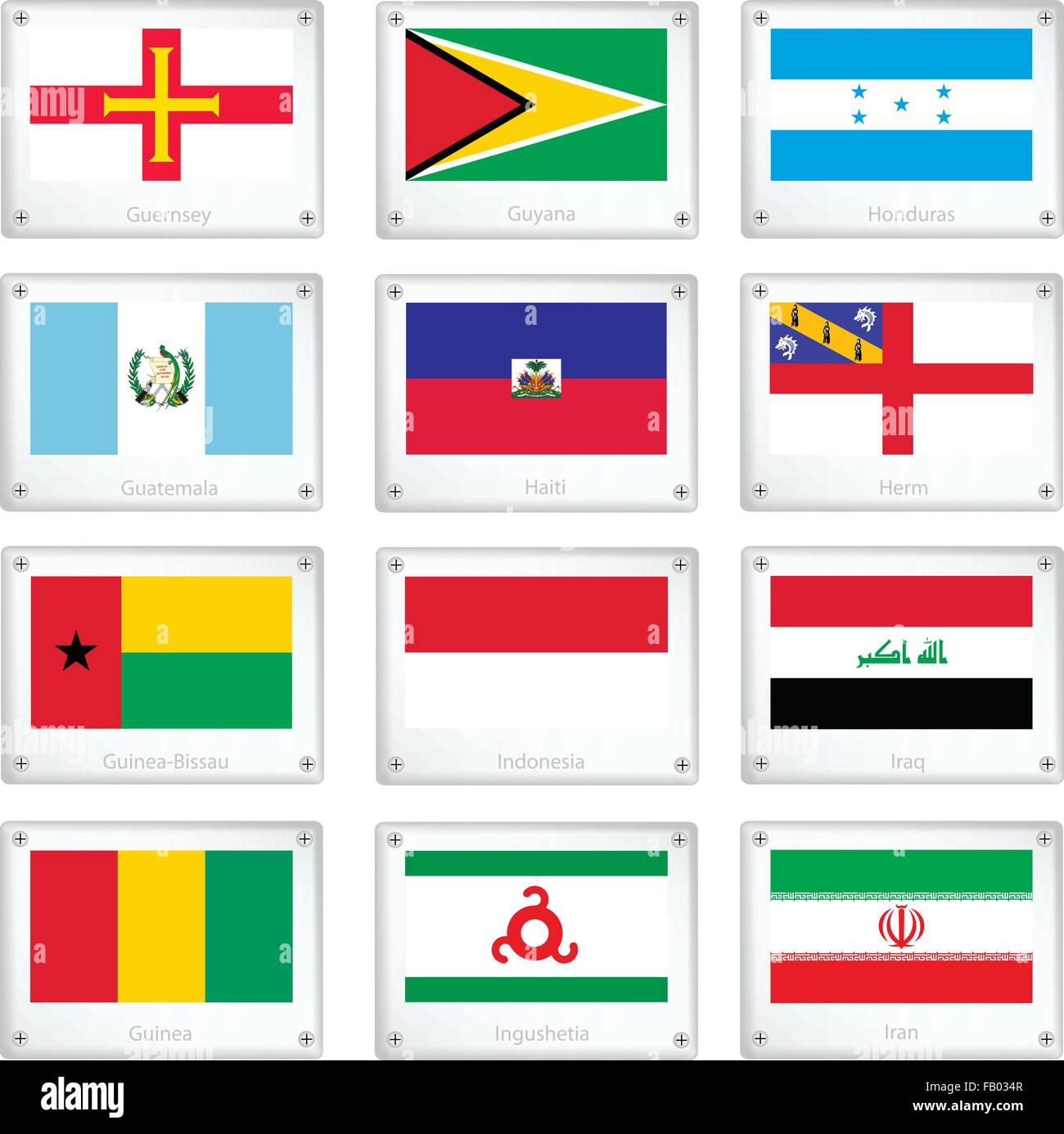 National Flags of Guernsey, Guyana, Honduras, Guatemala, Haiti, Herm, Guinea-Bissau, Indonesia, Iraq, Guinea, Ingushetia and Ira Stock Vector