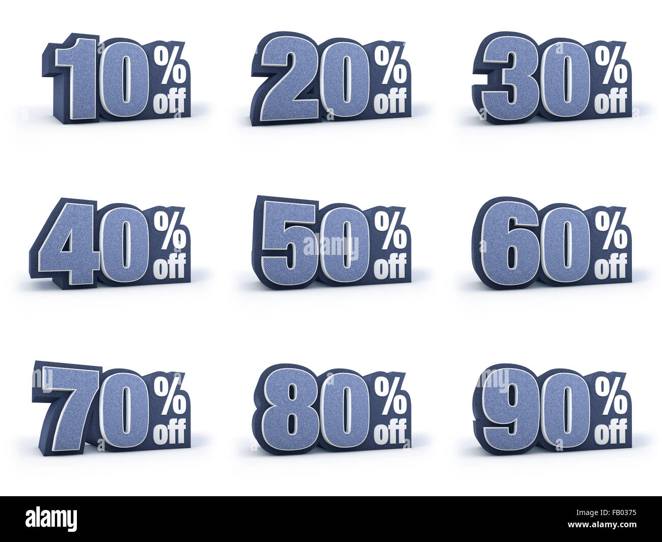Discount price signs in blueish denim look, isolated on white background, 3D rendering, 10% off, 20% off, 30% off, 40% off, 50% Stock Photo