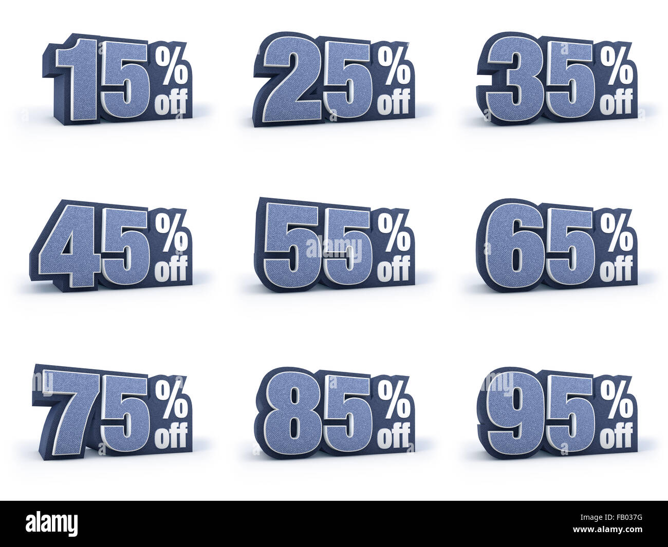 Discount price signs in blueish denim look, isolated on white background, 3D rendering, 15% off, 25% off, 35% off, 45% off, 55% Stock Photo