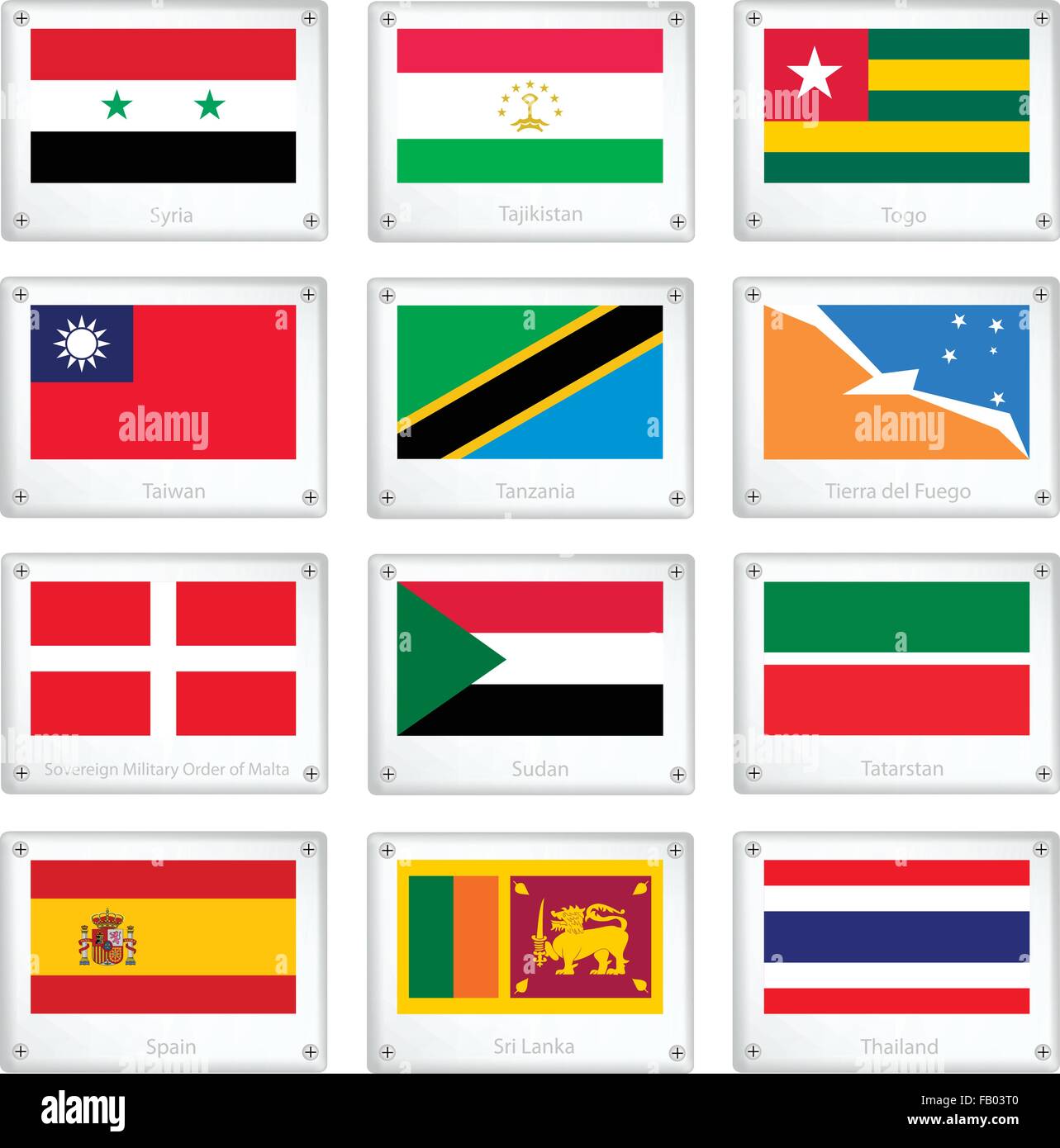 National Flags of Syria, Tajikistan, Togo, Taiwan, Tanzania, Tierra del Fuego, Sovereign Military Order of Malta, Sudan, Tatarst Stock Vector