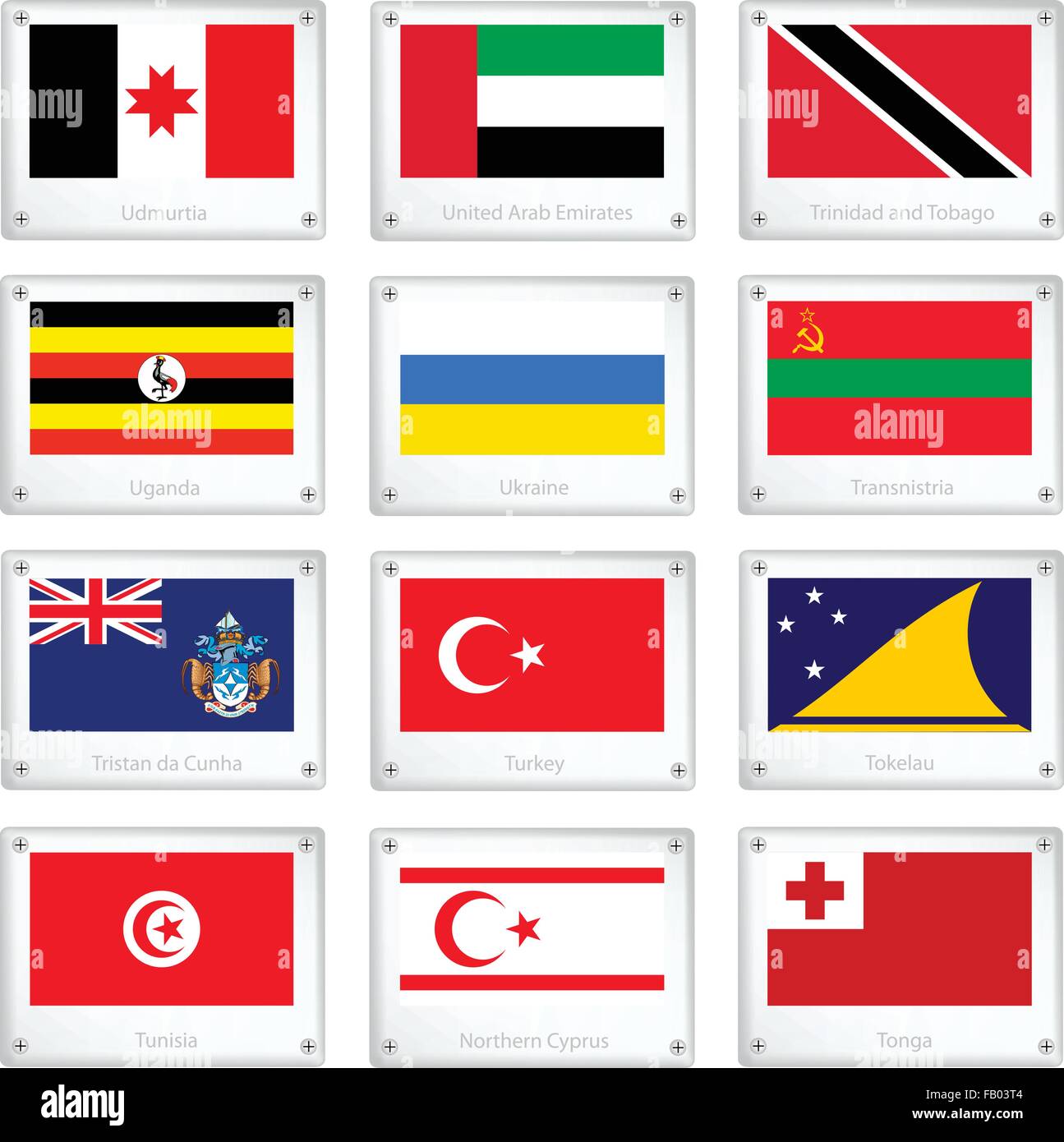 Flags of Udmurtia, United Arab Emirates, Trinidad and Tobago, Uganda, Ukraine, Transnistria, Tristan, Turkey, Tokelau, Tunisia, Stock Vector