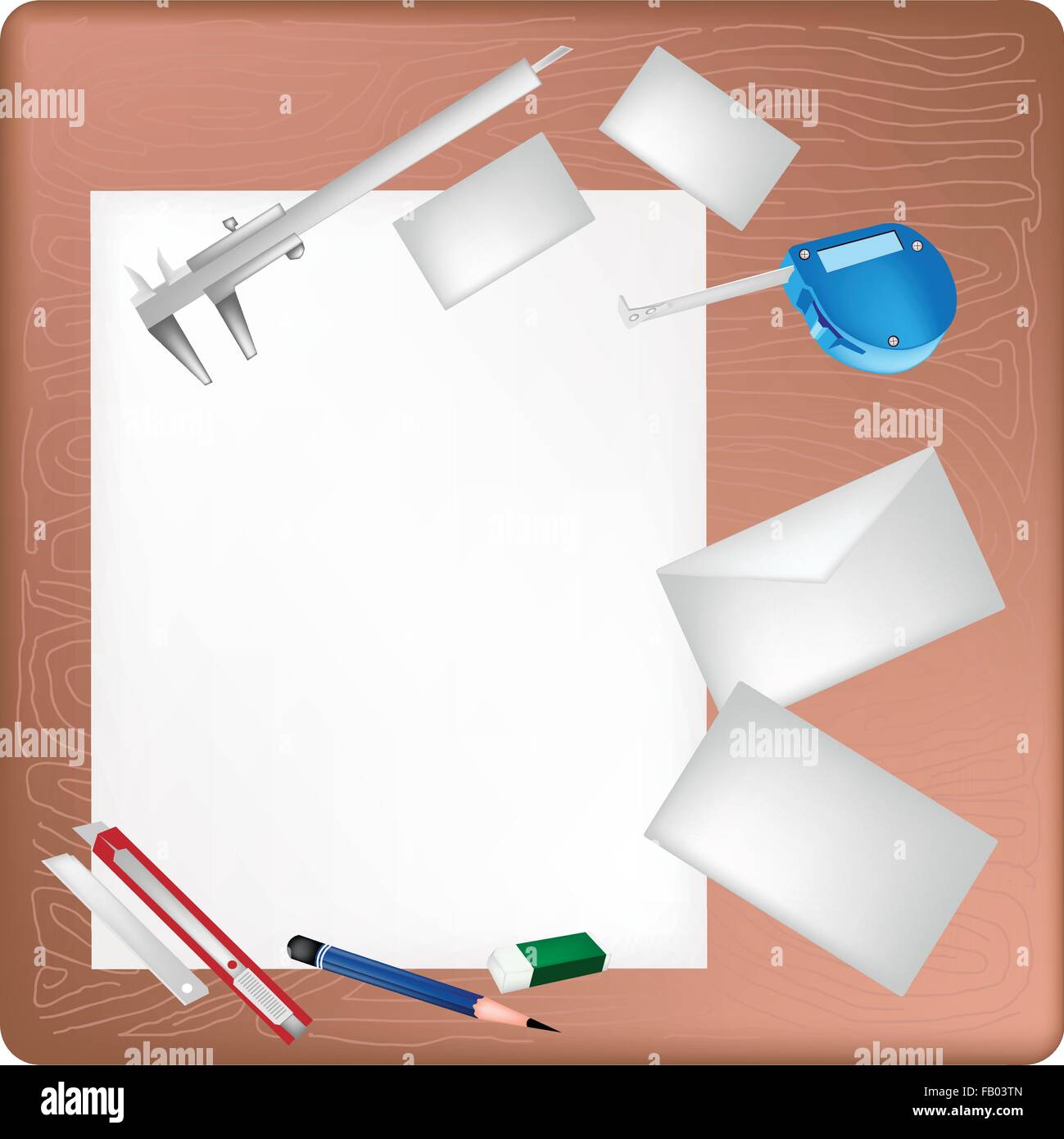 A Sharpened Pencil, Eraser, Vernier Caliper, Tape Measure Device and