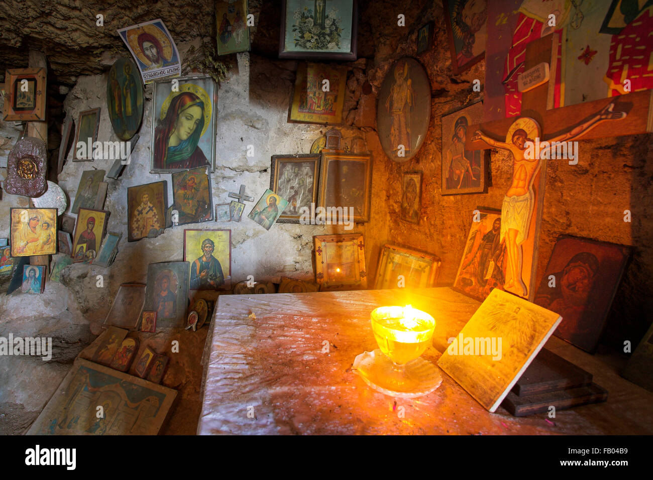 Altar in the cave, Rhodes Island, Greece, Dodecanese Stock Photo