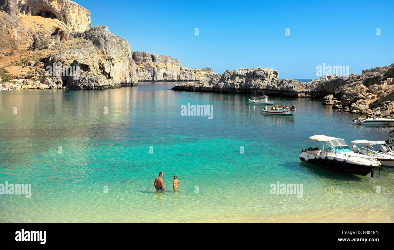The Harbour of the Apostle Paulus near Lindos (St. Paul's Bay), Rhodes Island, Greece Stock Photo
