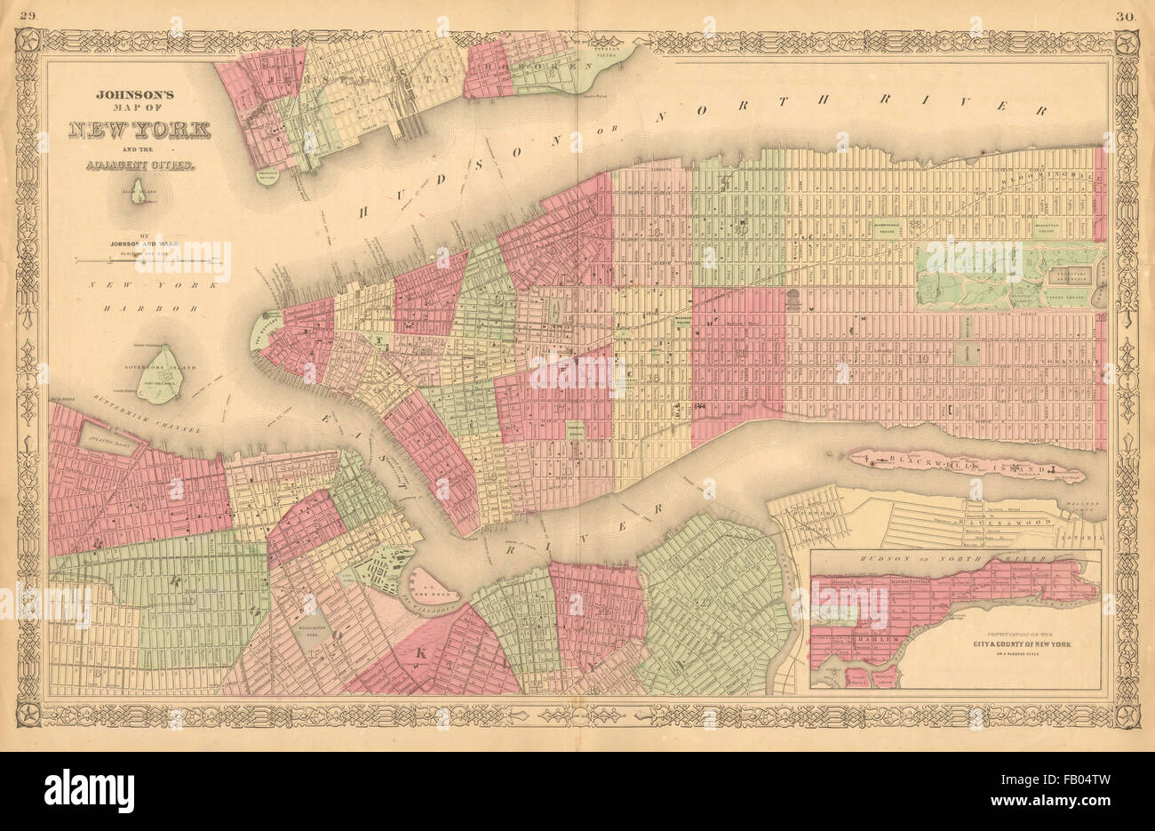 'Map of NEW YORK & the adjacent cities', by AJ JOHNSON. Manhattan/Brooklyn 1865 Stock Photo