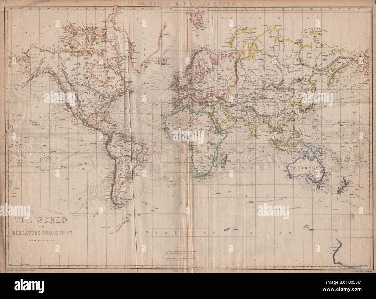 'The World on Mercators Projection'. Shows Mountains of Kong. WELLER, 1862 map Stock Photo