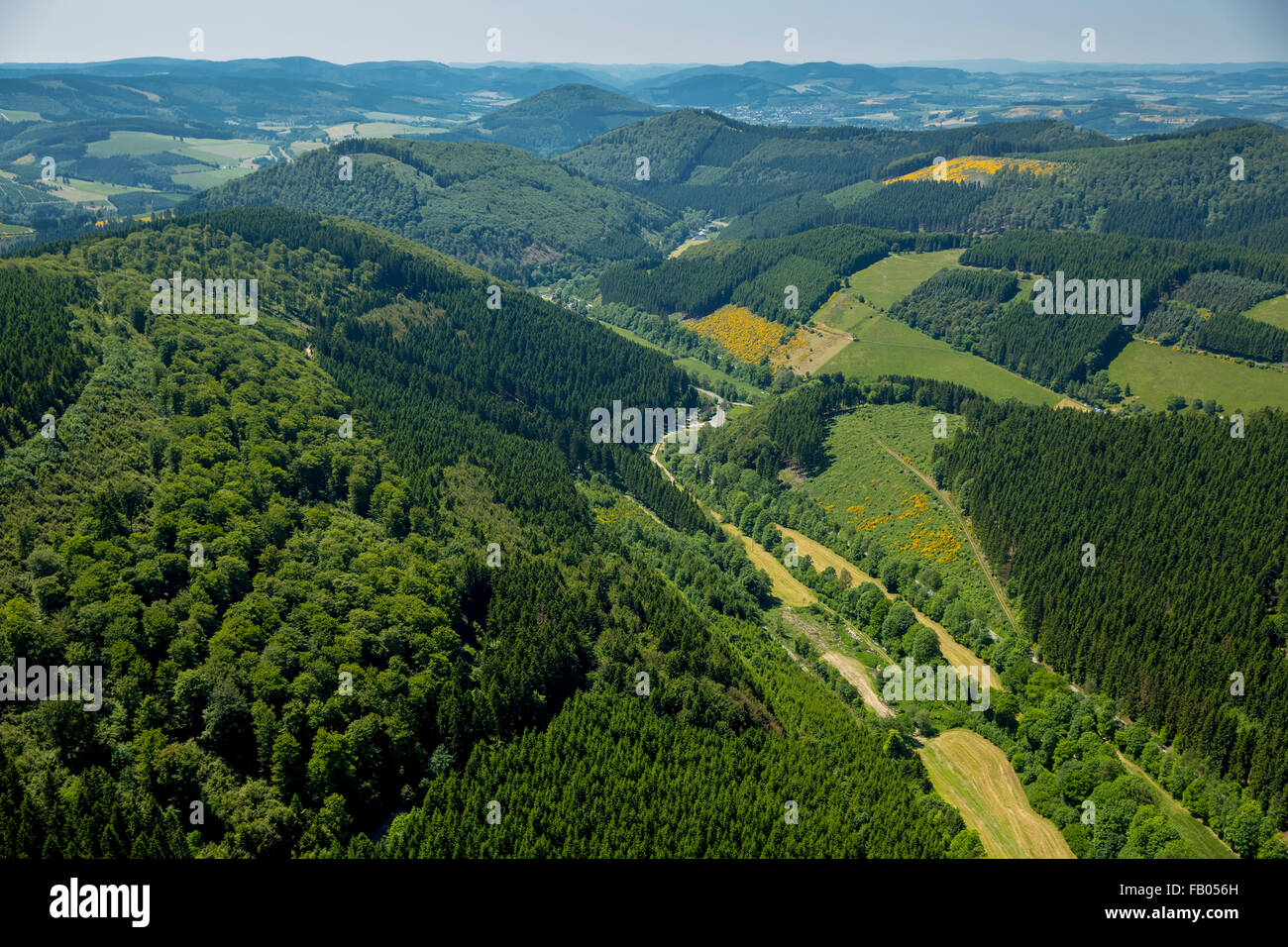 forested valleys and hills in the Upper Sauerland, Schmallenberg-Nordenau, Nordenau, Schmallenberg, Sauerland, Hochsauerland Stock Photo