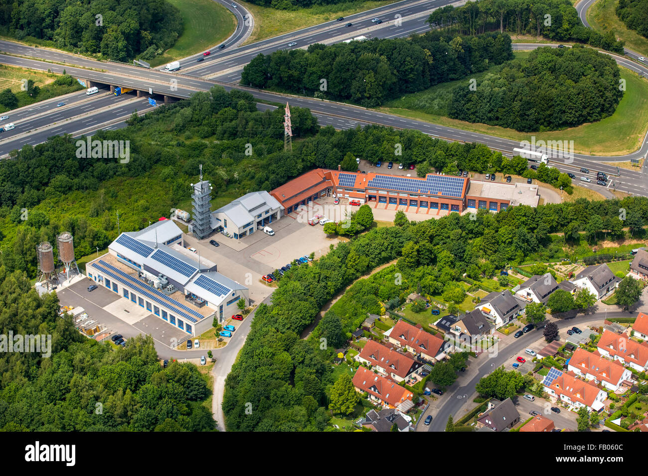 Firemen Service Center Unna at the Florian street, Unna, Ruhr area, North Rhine-Westphalia, Germany, Europe, Aerial view, Stock Photo