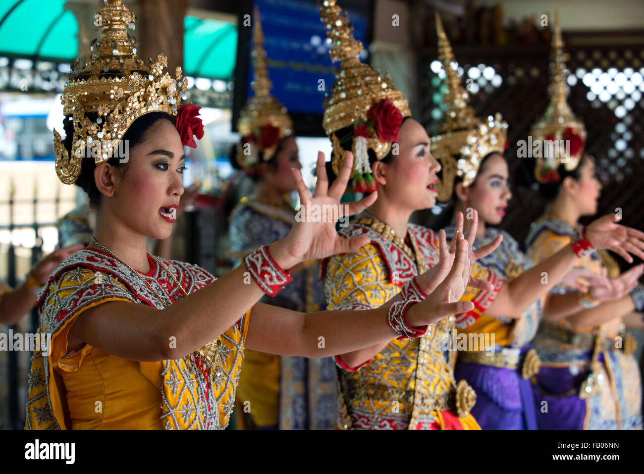 Dancers in Erawan Shrine. Bangkok. Thailand. Erawan Shrine in Bangkok is Brahman, not strictly Buddhist. And yet, this famous sh Stock Photo