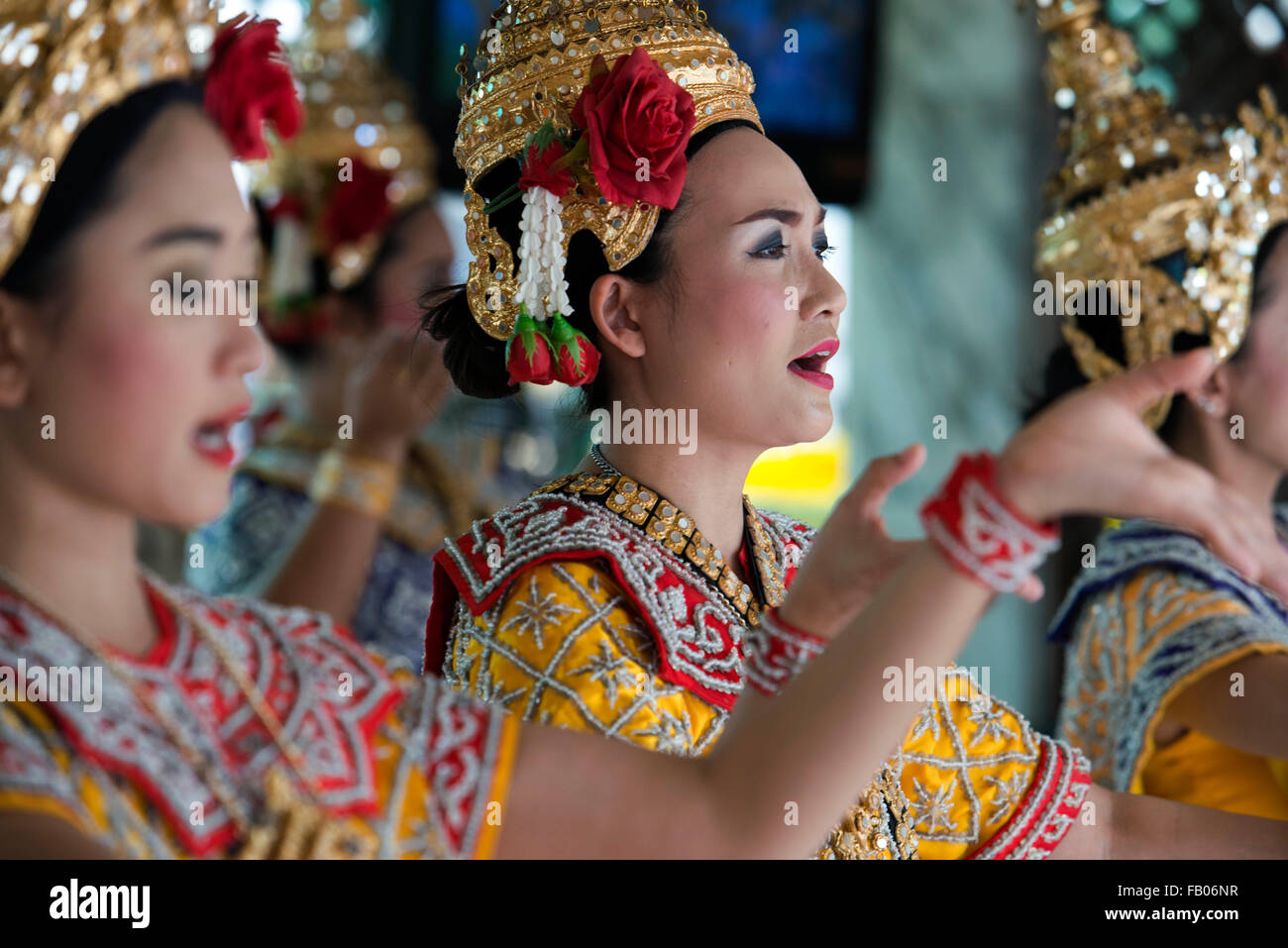 Dancers in Erawan Shrine. Bangkok. Thailand. Erawan Shrine in Bangkok is Brahman, not strictly Buddhist. And yet, this famous sh Stock Photo