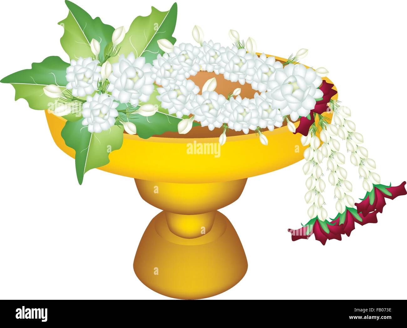 An Illustration of Beautiful Jasmine with Jasmine Garland with Roses Blossoms on Golden Tray with Pedestal, The Garland in Thai Stock Vector