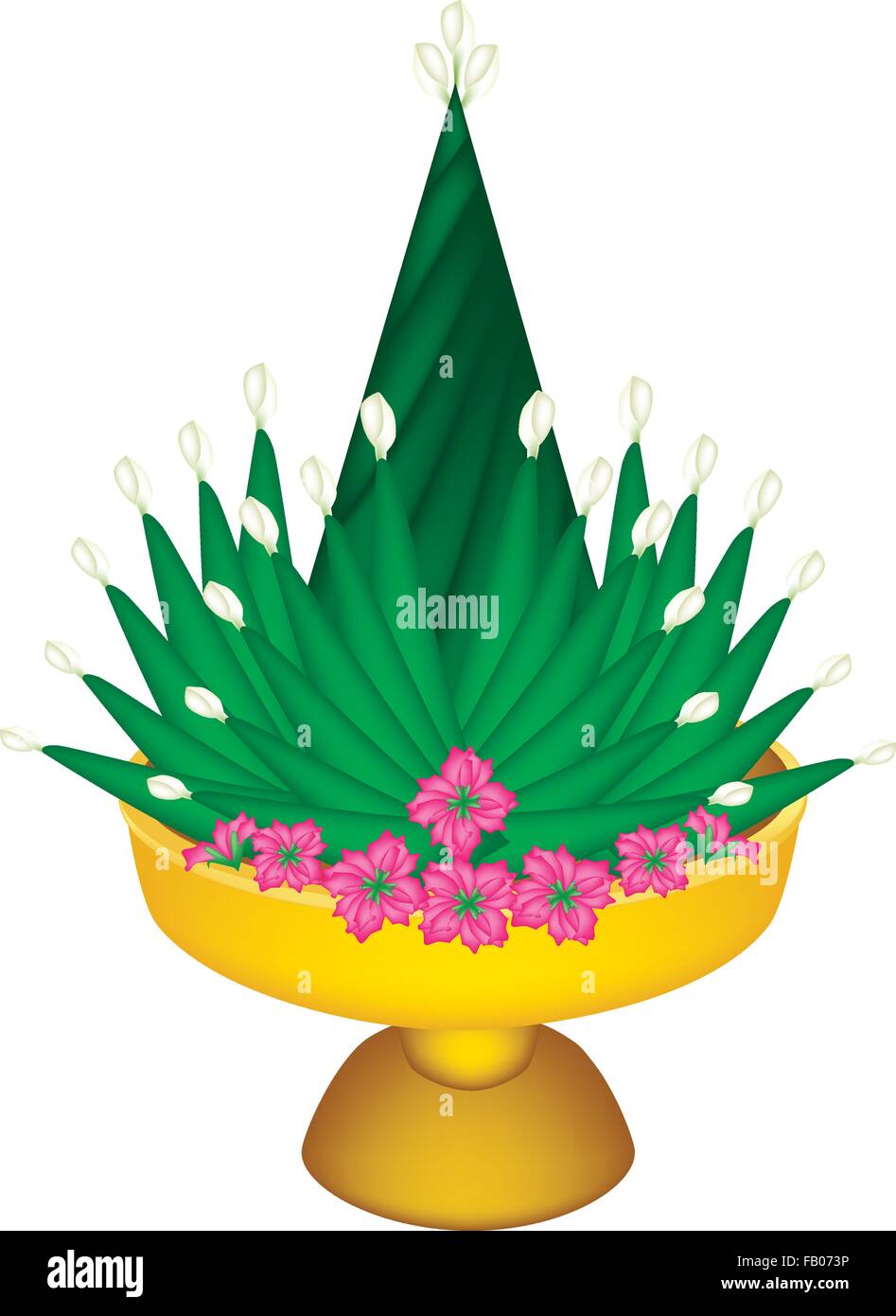 An Illustration of Rituals Cone from Banana Leaf and Jasmine Decorated on Tray with Pedestal for Paying Respect to Teachers or E Stock Vector