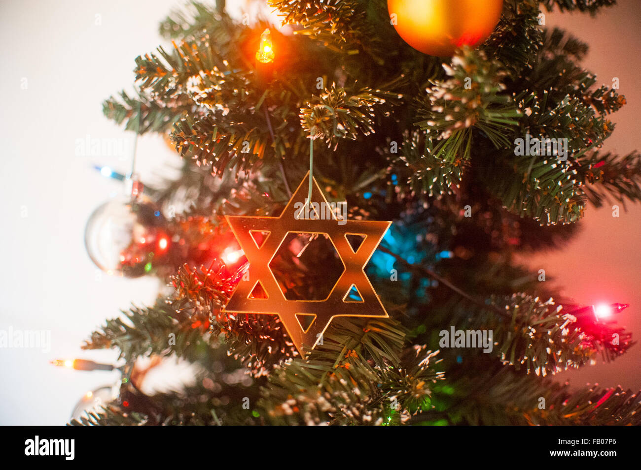 Jewish Star of David on Christmas tree. Stock Photo