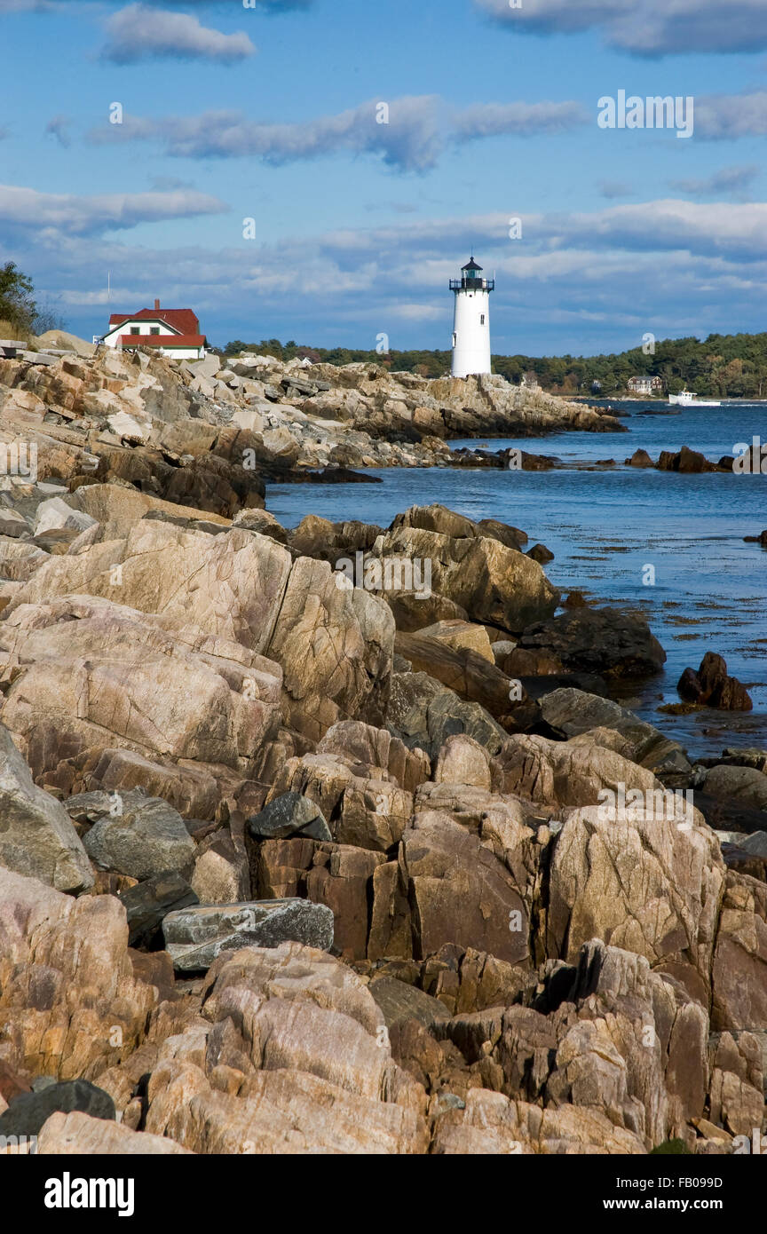 Portsmouth lighthouse, also known to as Fort Constitution light, protects mariners from the rocky shoreline of seacoast New Hampshire at low tide. Stock Photo