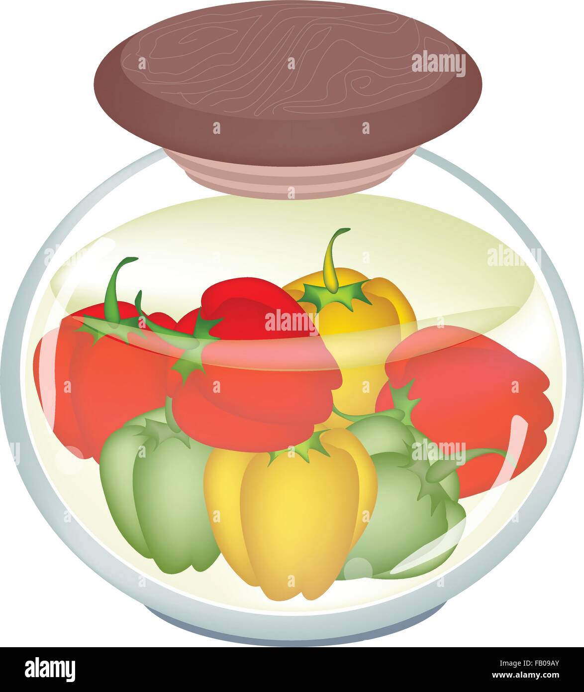 Illustration of Delicious Pickled Bell Peppers or Sweet Peppers in Vinegar, Sugar, Salt and Condiment in A Glass Jar. Stock Vector