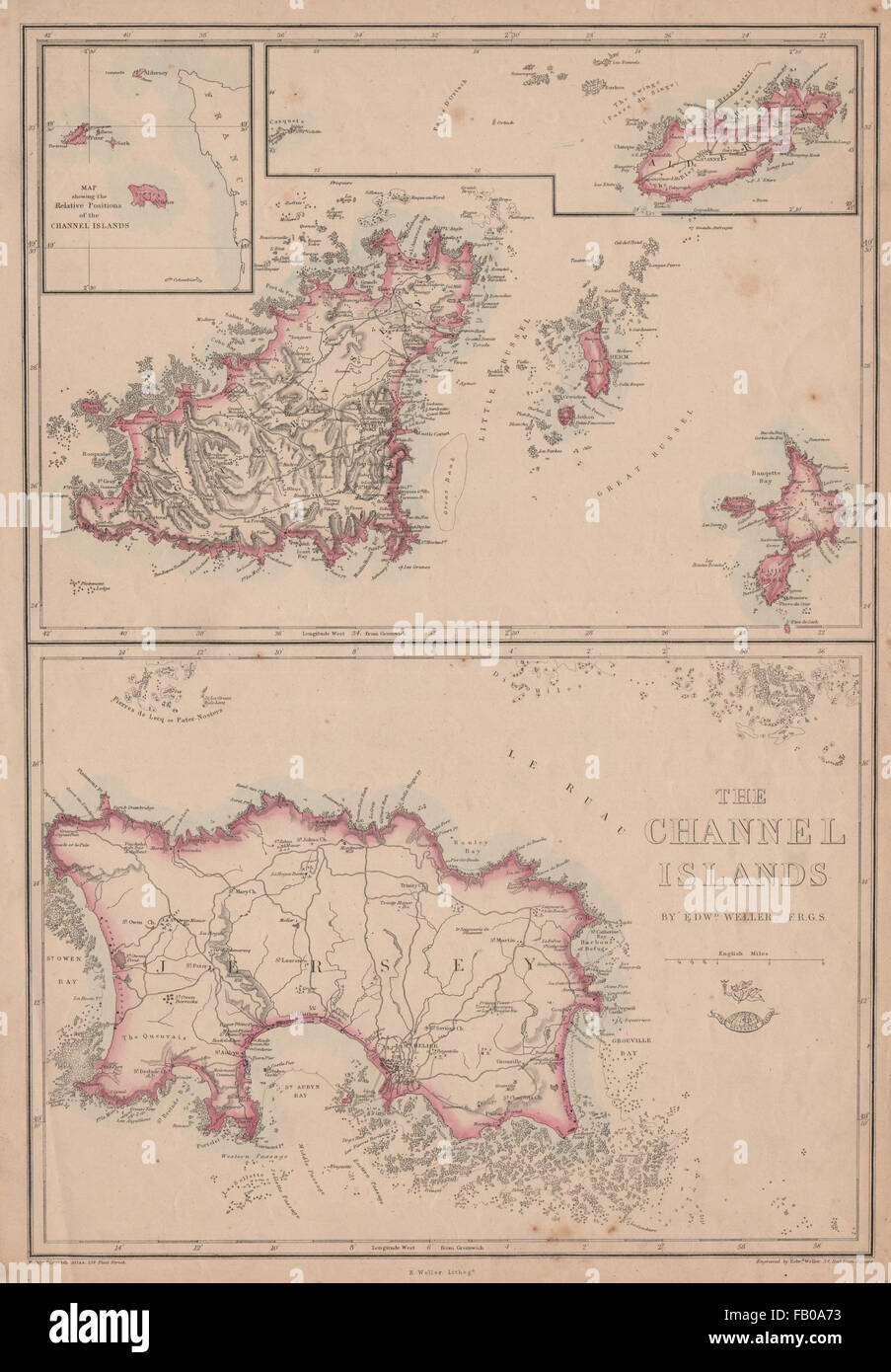 THE CHANNEL ISLANDS. Guernsey Jersey Alderney Herm & Sark. WELLER, 1862 map Stock Photo