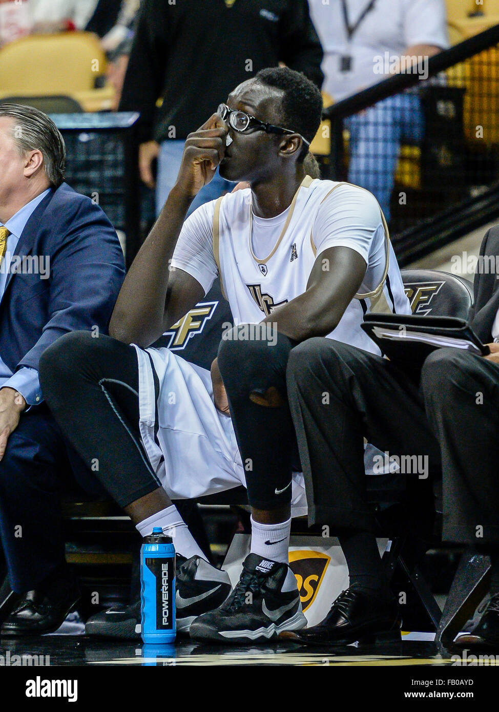 Orlando, FL, USA. 6th Jan, 2016. Central Florida center Tacko Fall (24)  sits on the bench after getting hit on the nose during 2nd half mens NCAA  basketball game action between the