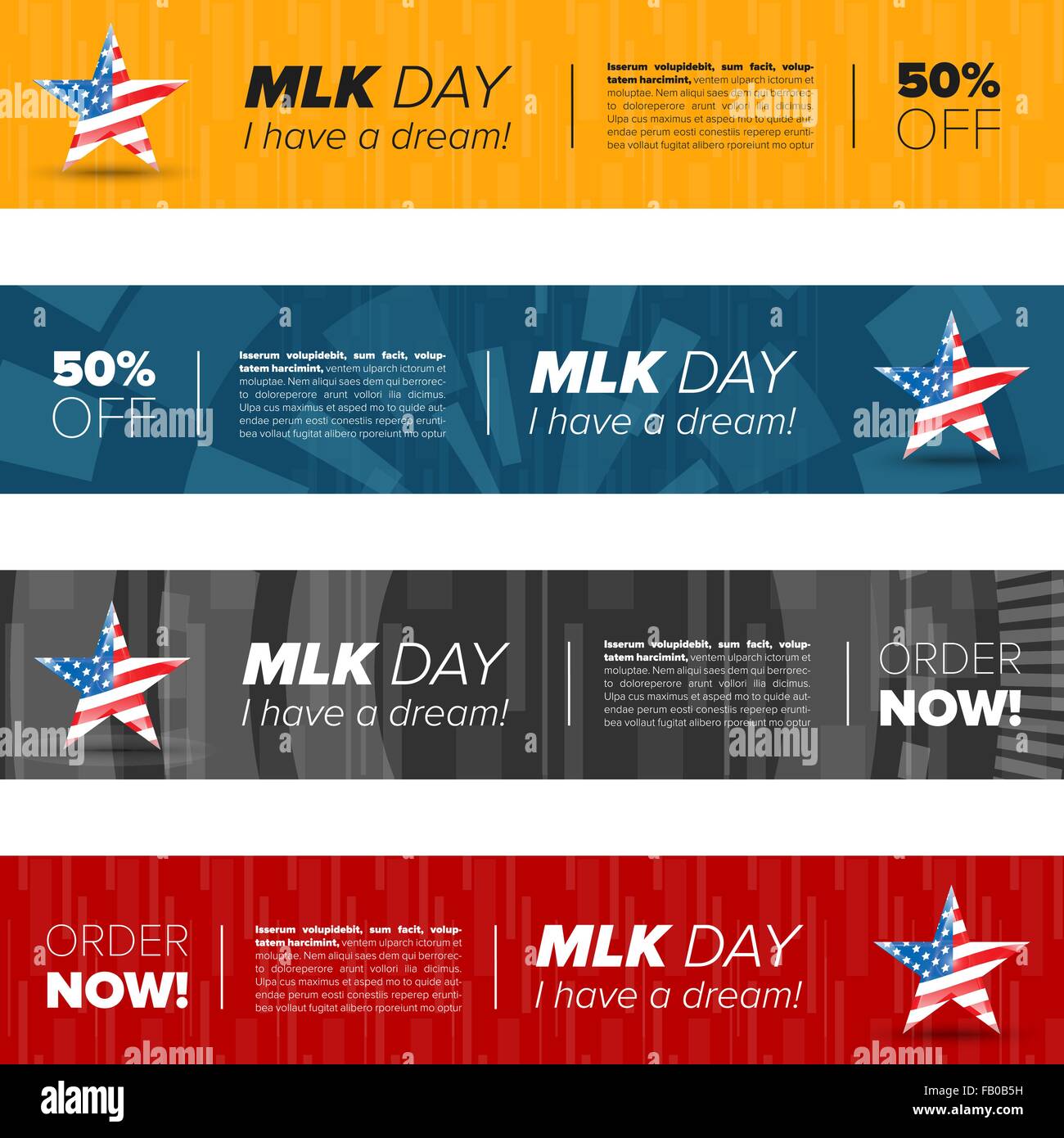 Martin Luther King horizontal banner set with sample text and usa flag Stock Vector