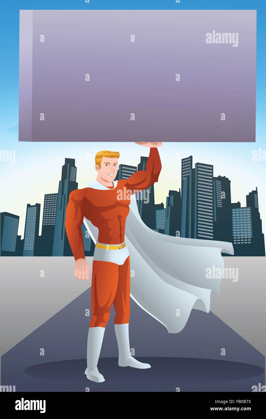 illustration of a young super hero business man lifting heavy box on a city background Stock Vector