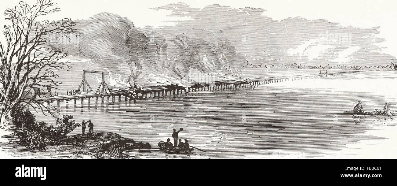 Burning of the Gunpowder Creek Railroad Bridge on the Philadelphia and Baltimore Railroad by the Maryland secessionists, USA civil war Stock Photo