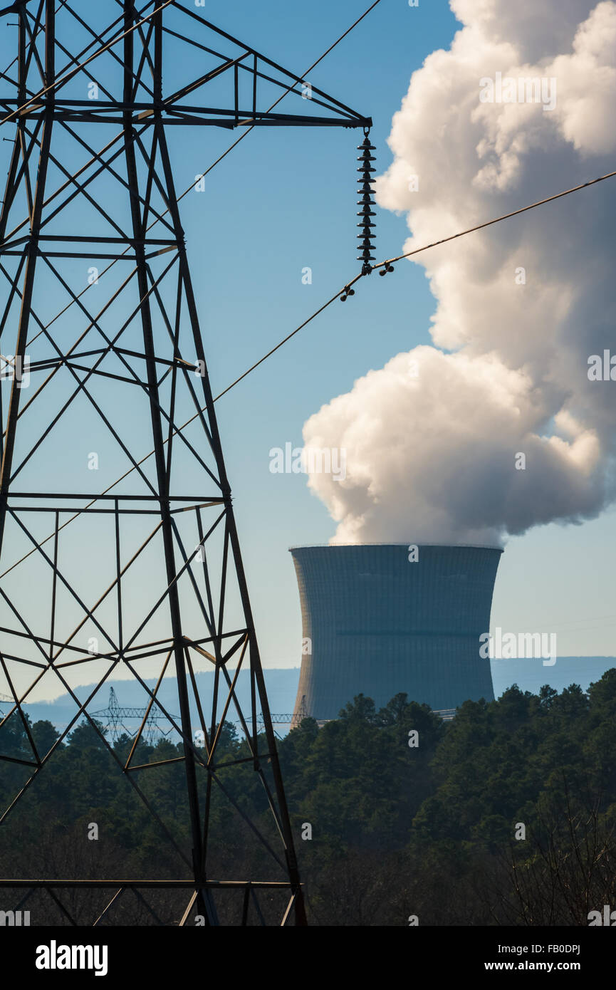 Arkansas Nuclear One, Arkansas's only nuclear power plant, seen beyond a high voltage electric line tower in Russellville. (USA) Stock Photo