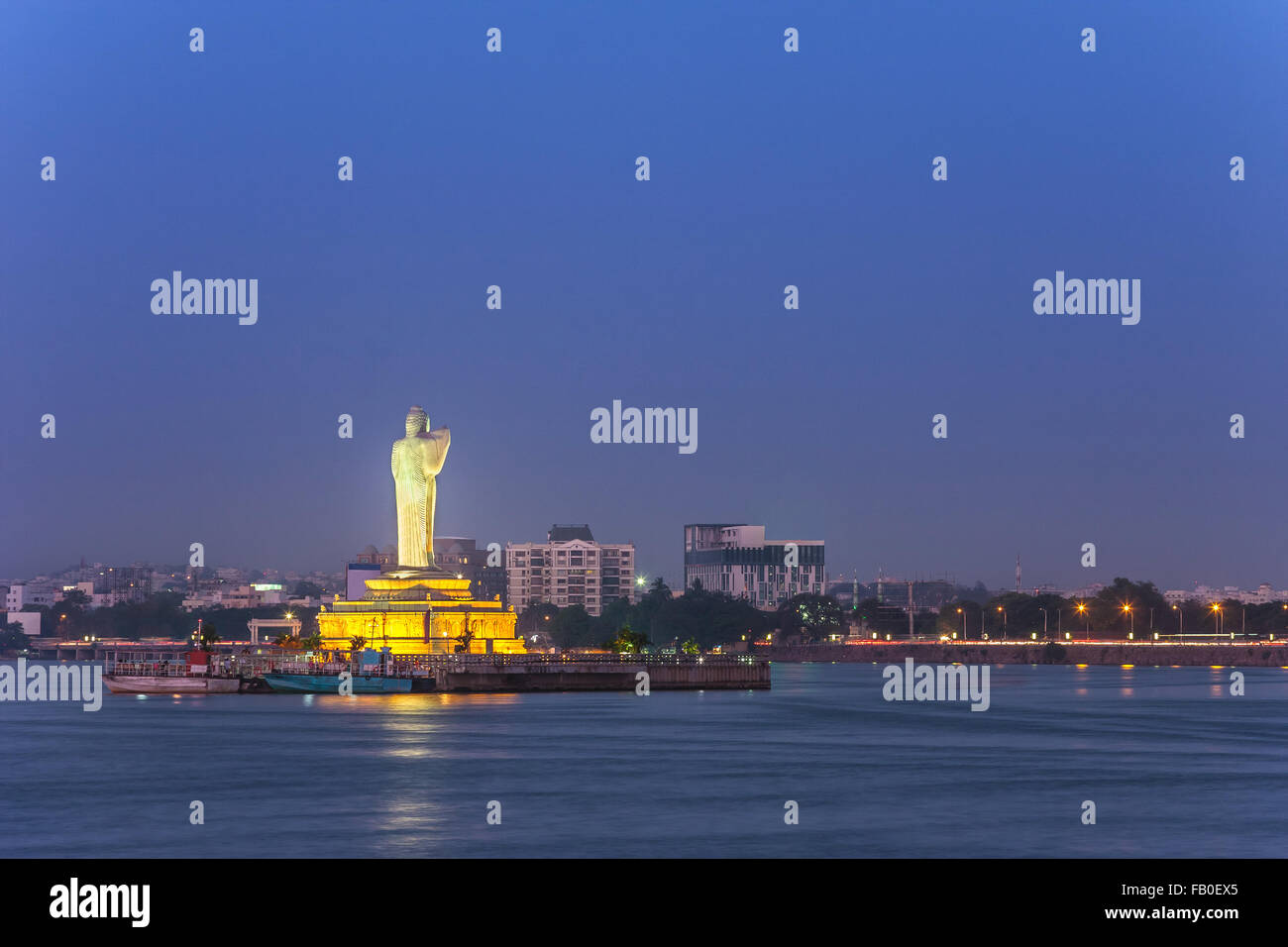 monolithic statue of the Gautam Buddha in the middle of the lake Hussain Sagar , India Stock Photo