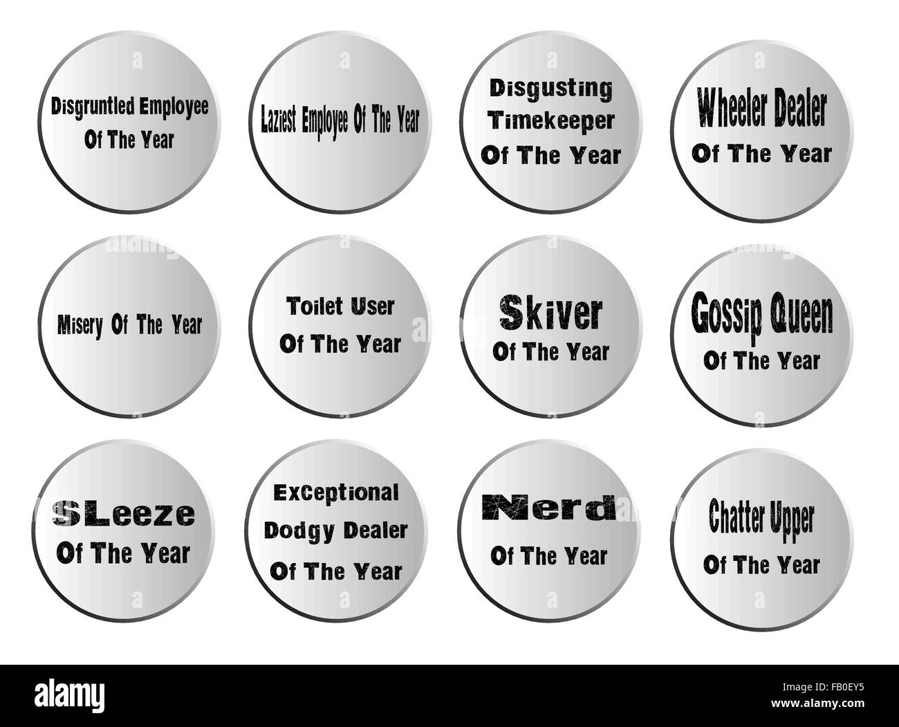 A collection of of the year work place comedy buttons Stock Vector