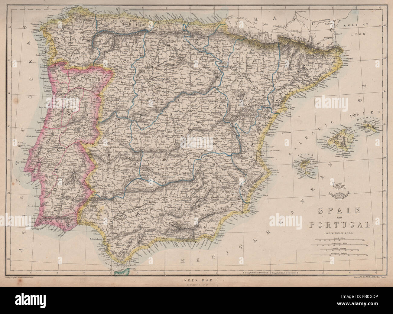 IBERIA. Shows early Spanish & Portuguese railways. WELLER. Dispatch, 1862 map Stock Photo