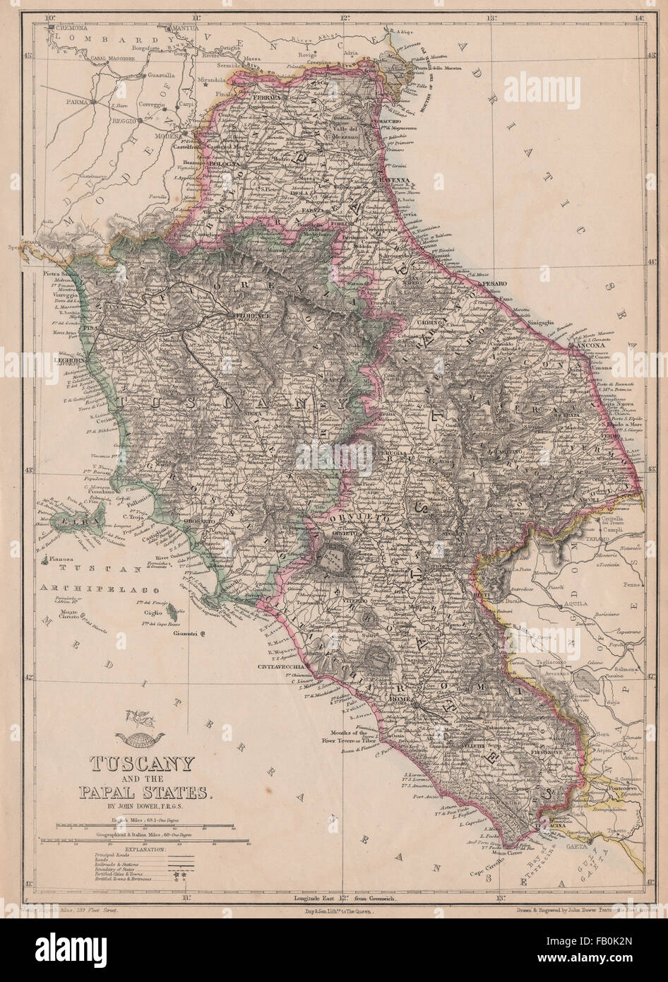 'Tuscany and the Papal States'. Italy. Shows early railways. DOWER, 1862 map Stock Photo