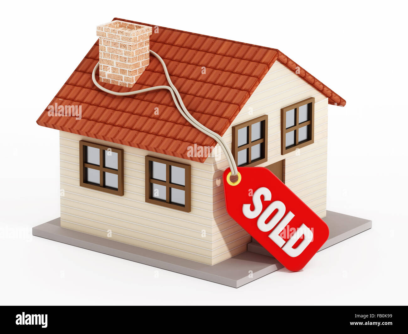 House with sold tag isolated on white background. Stock Photo