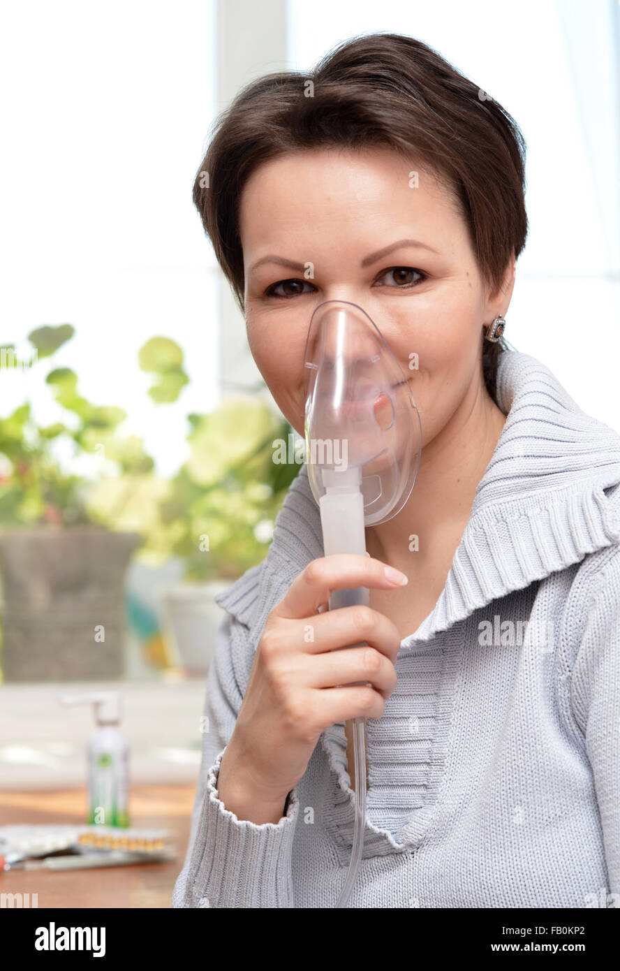 woman doing inhalation Stock Photo Alamy