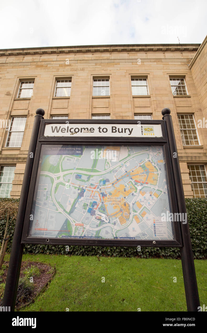 Bury Town Hall. Welcome to Bury Sign Stock Photo