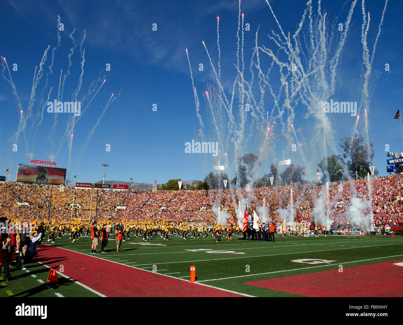 Pasadena, CA. 1st Jan, 2016. The Iowa Hawkeyes band perform before the ...