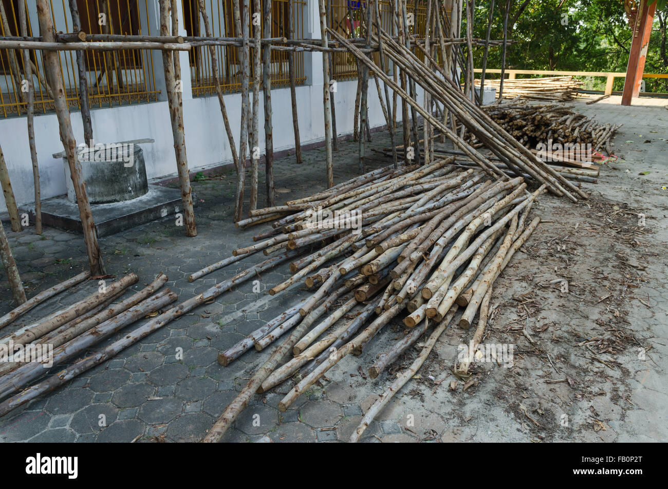 Pile of tree trunks, Lumber pile at construction site wasted wood material for recycling. Stock Photo