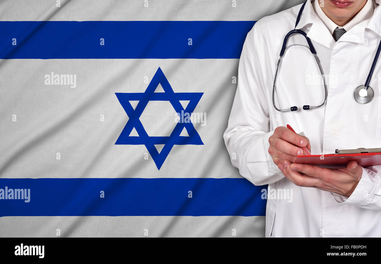 Doctor with clipboard on a israel flag on background Stock Photo