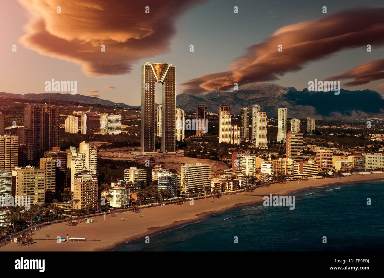 Sunset over Benidorm city Stock Photo