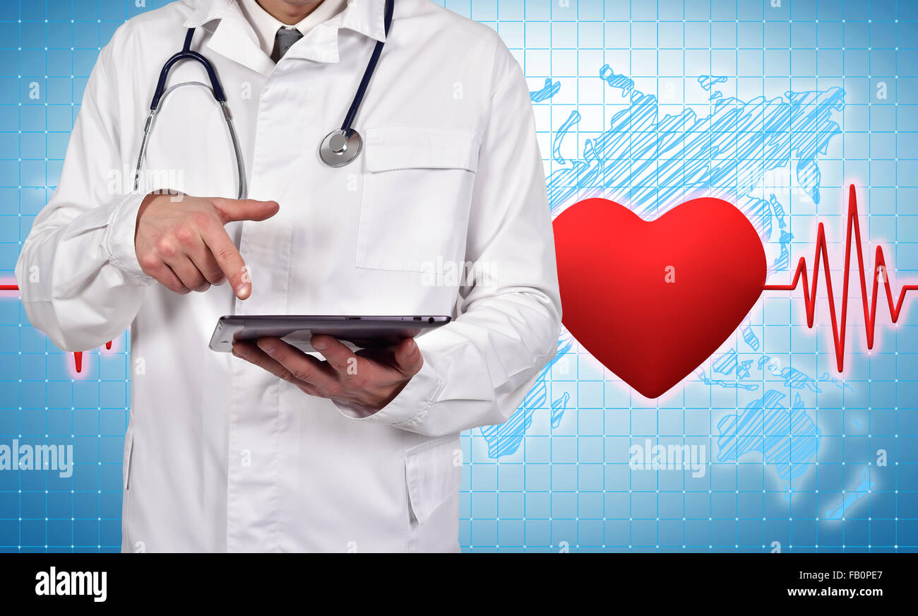 doctor holding digital tablet with pulse and heart on background Stock ...