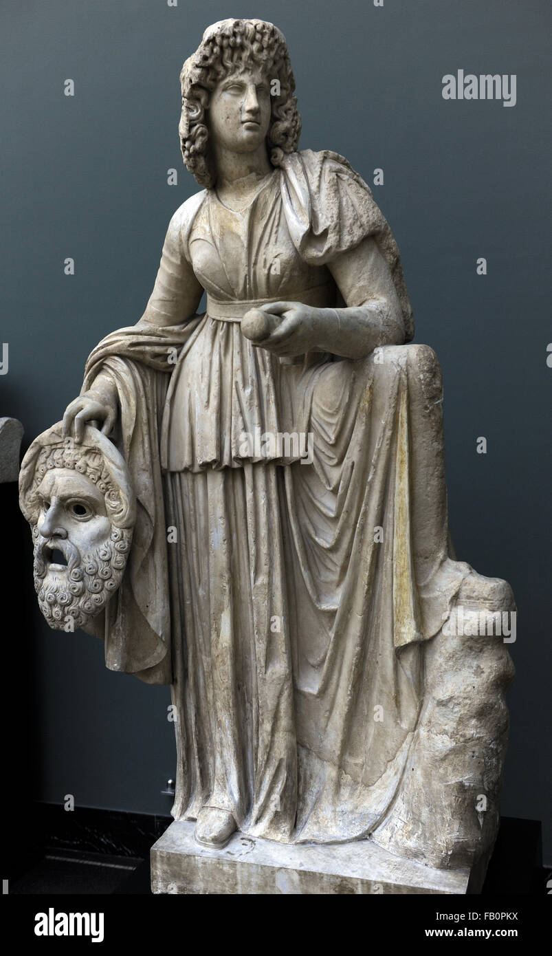 Melpomene. Muse of Singing and Tragedy. She is represented with a tragric mask. Roman statue. 2nd century AD. From Monte Calvo. Italy. Marble. Ny Carlsberg Glyptotek. Copenhagen, Denmark. Stock Photo