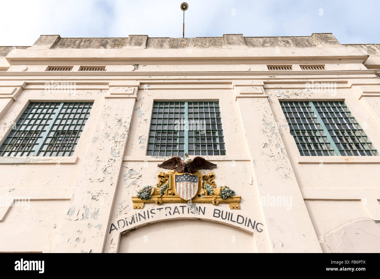 Facade of the Administration building at the former US penitentiary on Alcatraz island close to San Francisco Stock Photo
