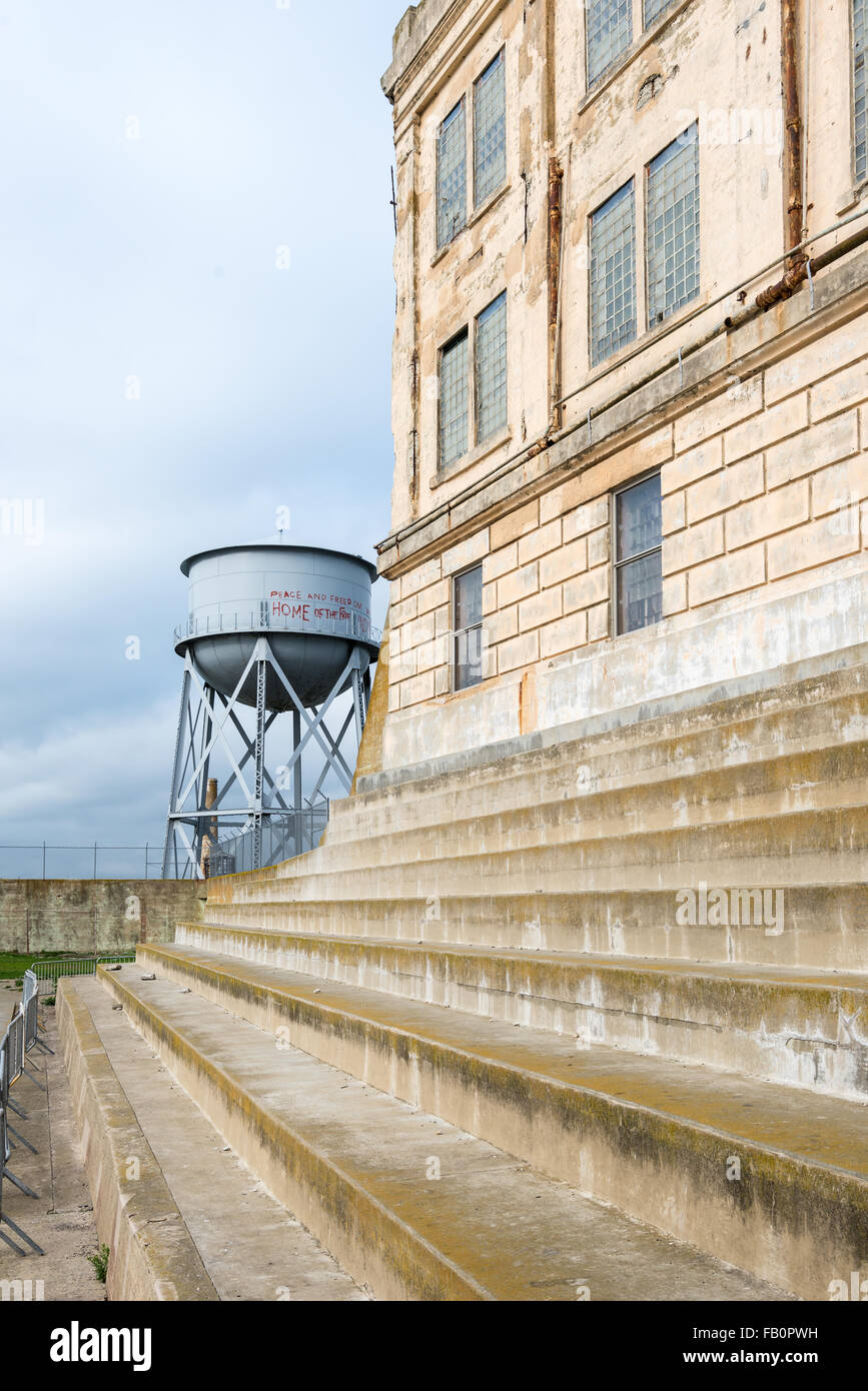 Prison block and water tower at Alcatraz penitentiary in San Francisco bay Stock Photo