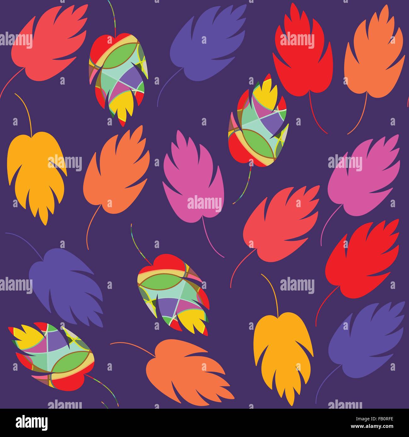 Cute nature abstract seamless pattern with colorful fantasy leaves  and seamless pattern in swatch menu, vector illustration Stock Vector
