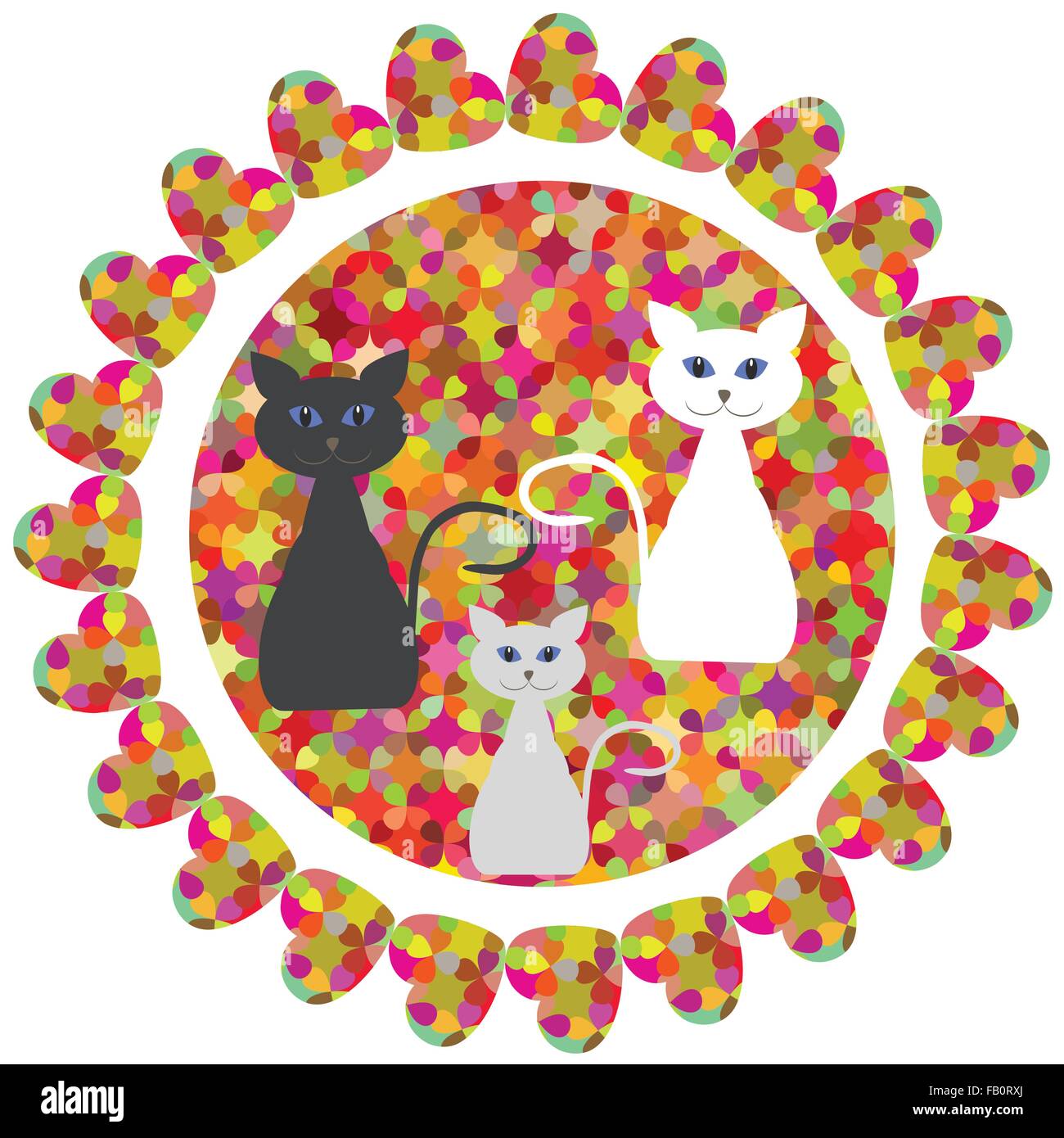 Cute abstract geometric round print with fantasy cats for design