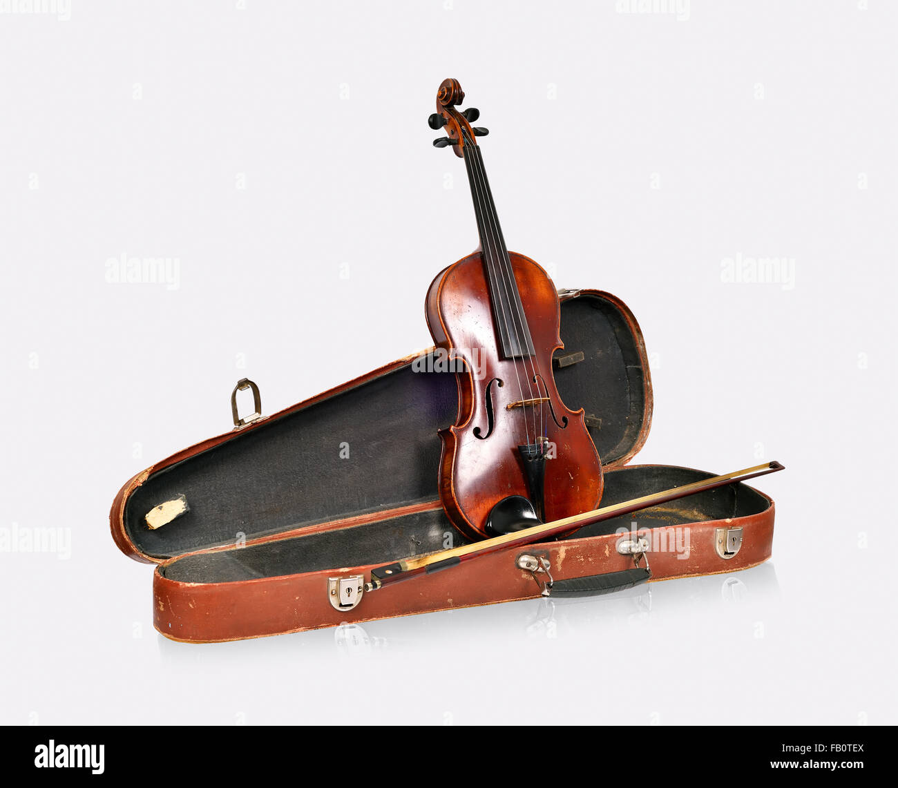 Old violin, case with bow on a white background isolated Stock Photo