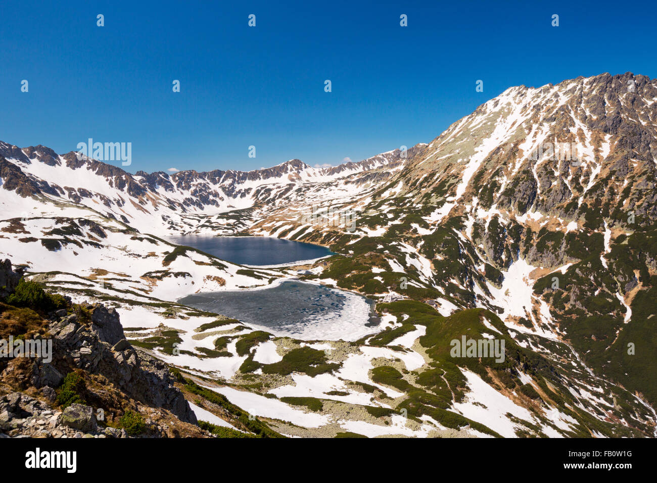 Dolina Pięciu Stawów (Five Lakes Valley) in the Polish Tatra Mountains in spring, with the last snow still lingering on the moun Stock Photo