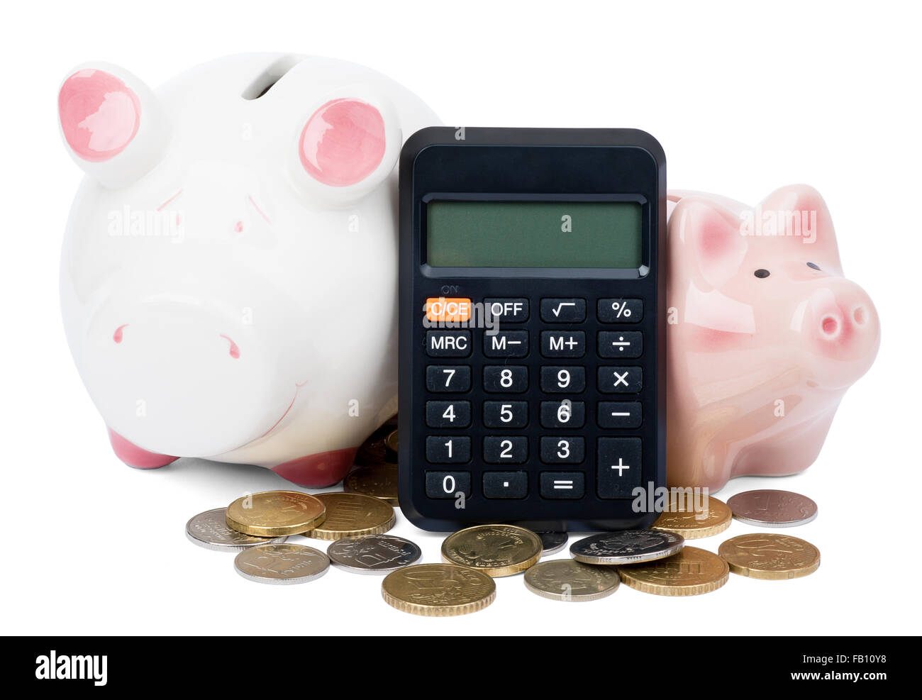 Piggy banks with calculator Stock Photo - Alamy
